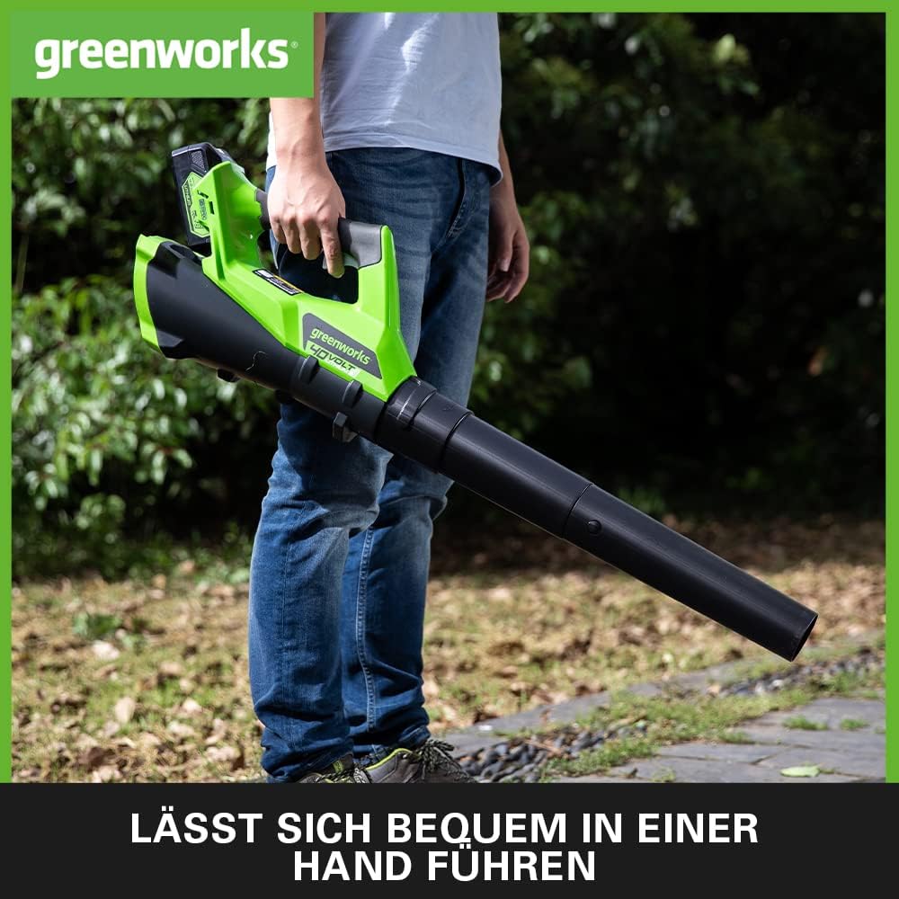 Greenworks GD40ABK2X Axial Akku Laubbläser mit bürstenlosem Motor, 210 km/h, 15,6 m³/min, zwei 40V 2Ah Akkus & Ladegerät, 3 Jahre Garantie