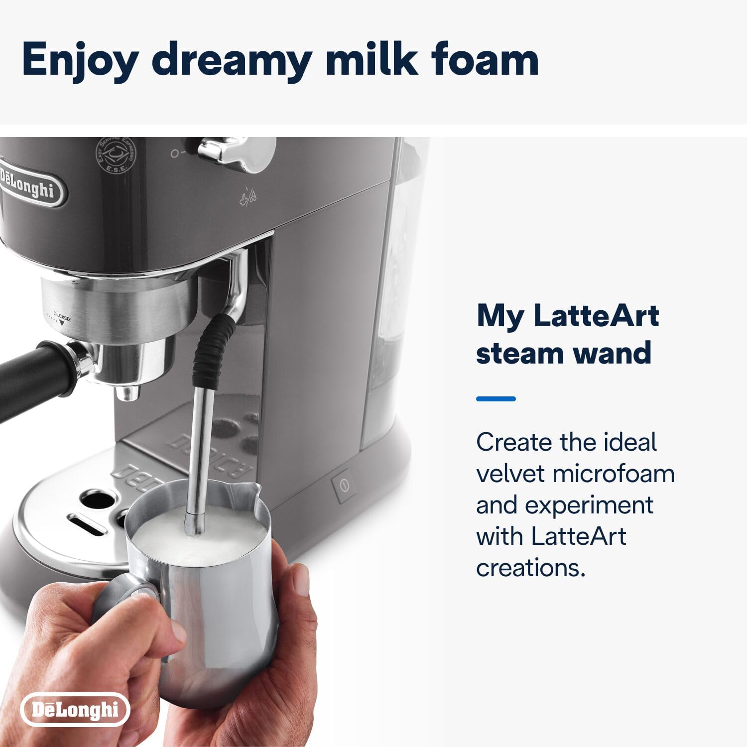 De'Longhi Dedica Style EC 685.M – Macchina da caffè espresso con portafiltro, con montalatte professionale, larga solo 15 cm, per caffè in polvere o cialde ESE, serbatoio dell'acqua da 1 l, argento