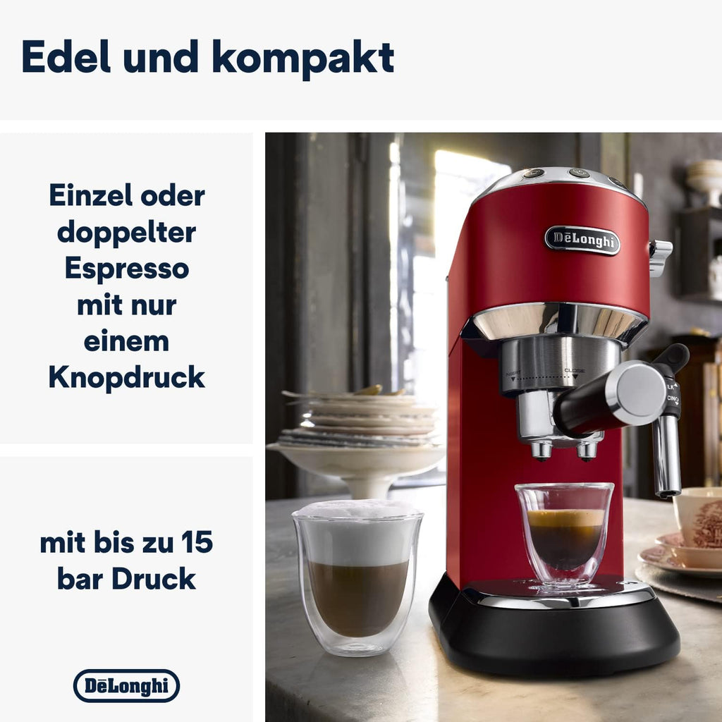 De'Longhi Dedica Style EC 685.M – Macchina da caffè espresso con portafiltro, con montalatte professionale, larga solo 15 cm, per caffè in polvere o cialde ESE, serbatoio dell'acqua da 1 l, argento