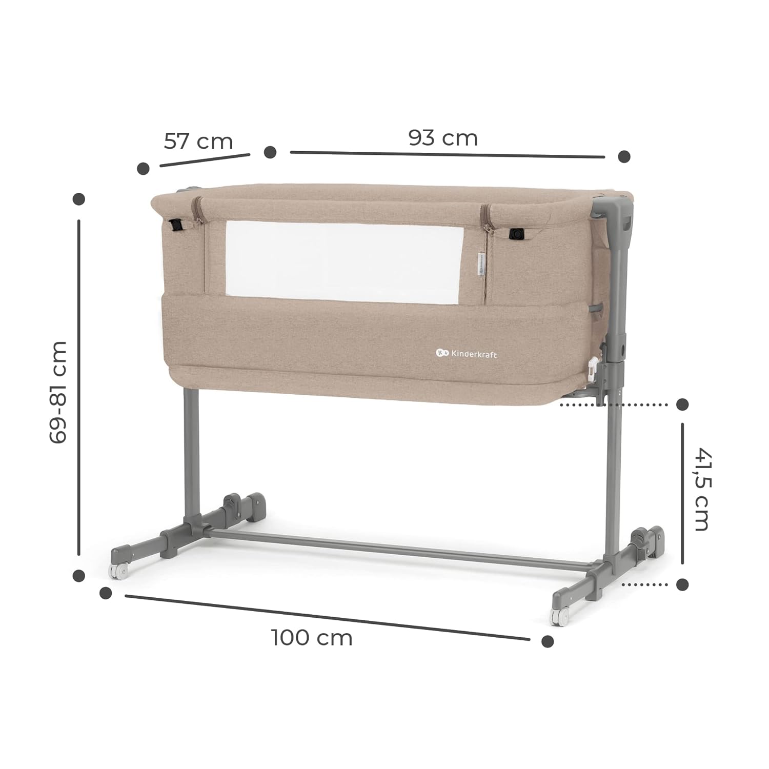 Kinderkraft NESTE GROW Lettino 3 in 1, Lettino da affiancare, Lettino da neonato dalla nascita fino a 2 anni, con materasso, borsa per il trasporto, ruote, regolazione dell'altezza a 5 livelli, angolo del materasso regolabile, Beige