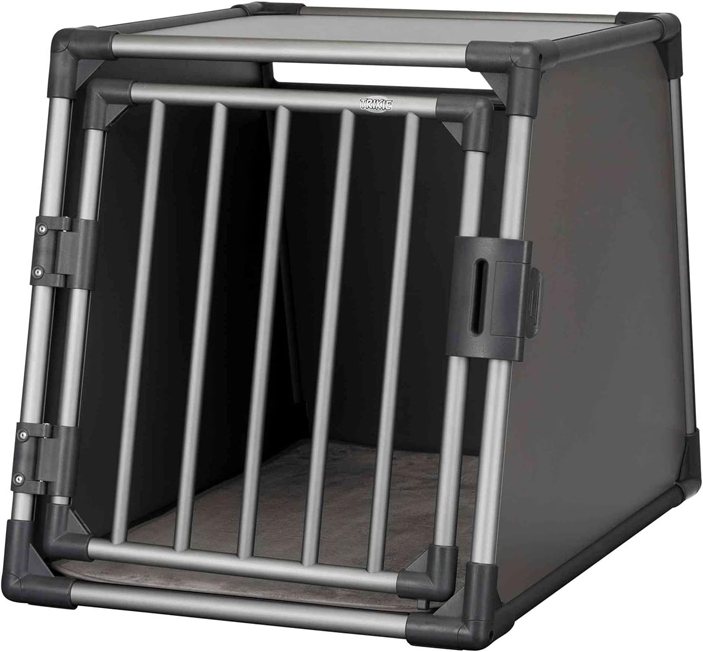 TRIXIE Hunde-Transportbox Aluminium in silber – M: 55 × 62 × 73 cm, stabile und geräuscharme Hundebox mit abgeschrägten Seiten, Sicherheitsverschluss & rutschfester Liegematte – 39342