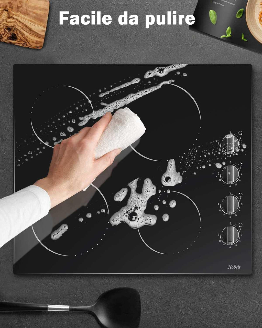 Piano cottura in vetroceramica a 4 zone, sensore touch, controllo autonomo, 60cm, 6000W, 9 livelli di potenza, cablato, senza spina