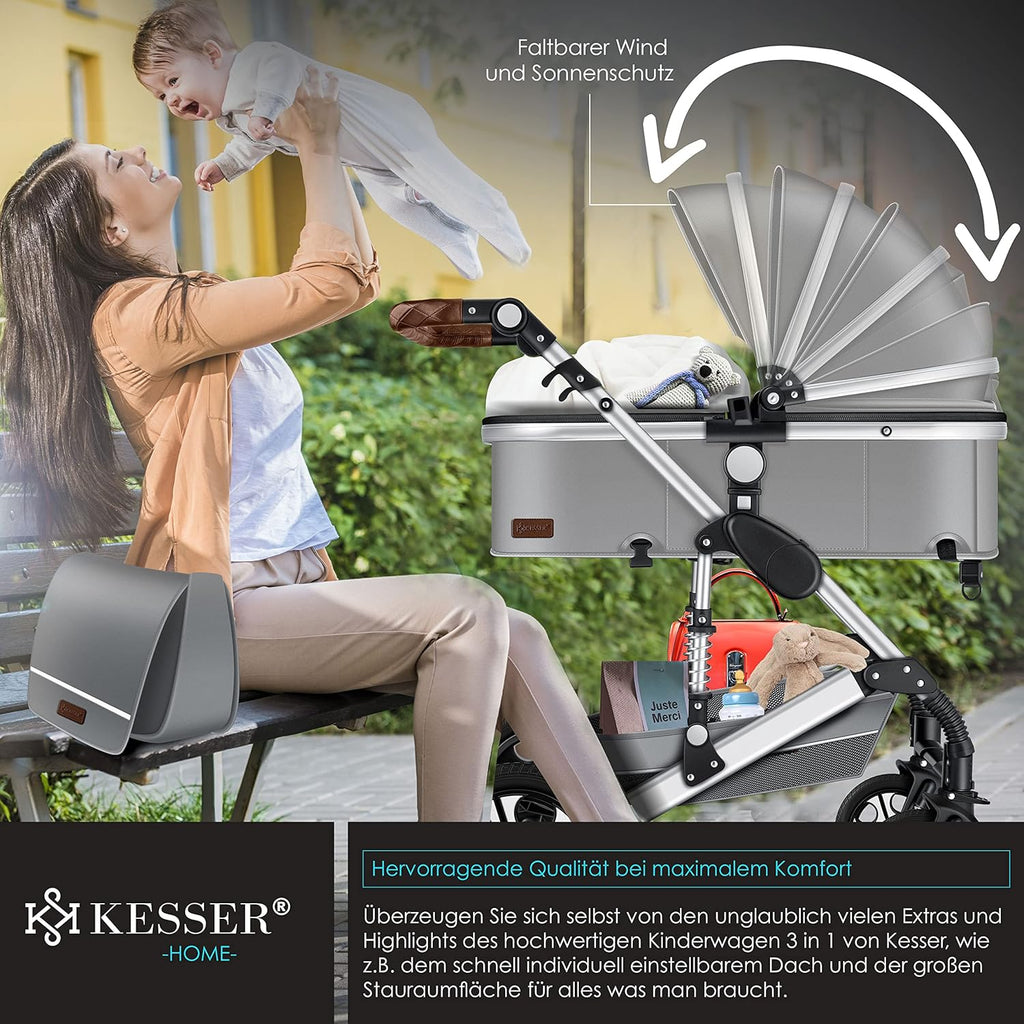 KESSER Passeggino trio Loops 3 in 1, set completo con navicella, seduta sportiva e seggiolino auto con pneumatici in gomma piena, borsa fasciatoio, parapioggia, tavolino, ECE R129, nero/champagne