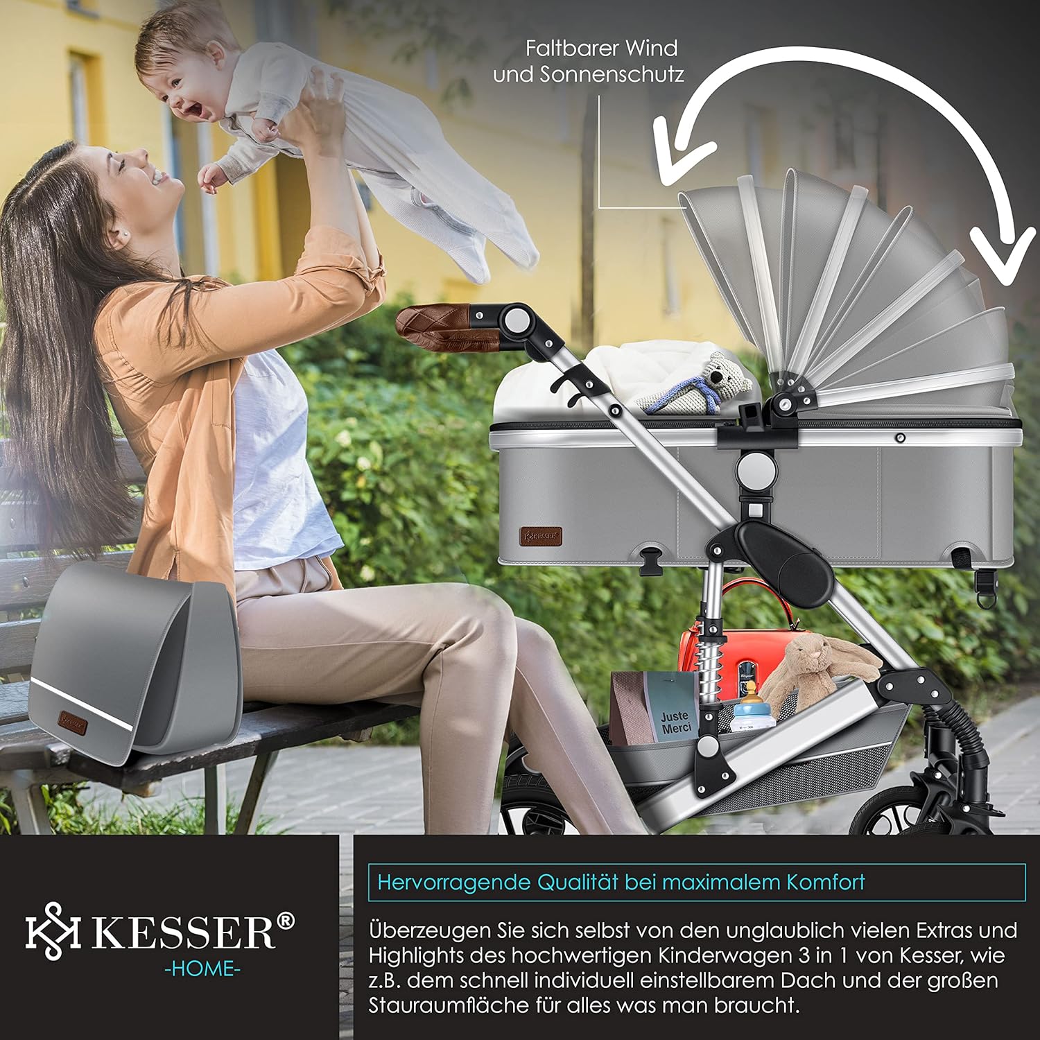 KESSER Passeggino trio Loops 3 in 1, set completo con navicella, seduta sportiva e seggiolino auto con pneumatici in gomma piena, borsa fasciatoio, parapioggia, tavolino, ECE R129, nero/champagne