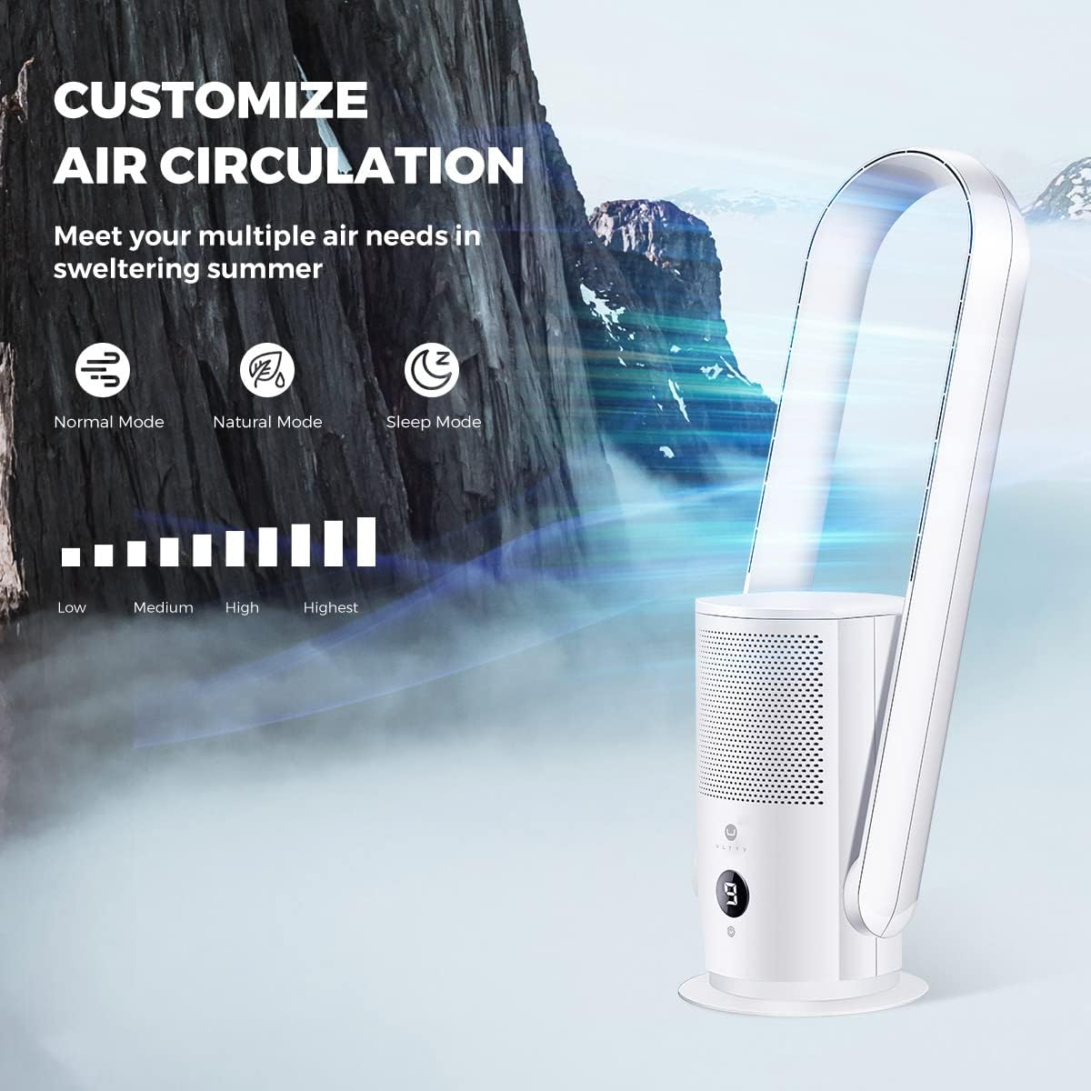Ventilatore senza pale con purificatore d'aria, ventilatore a torre silenzioso Ultty con telecomando, touch, timer 8H, filtro HEPA 99,97%, ventilatore senza pale oscillante a 90° e alto 80 cm per camera da letto e casa, CR022 Bianco