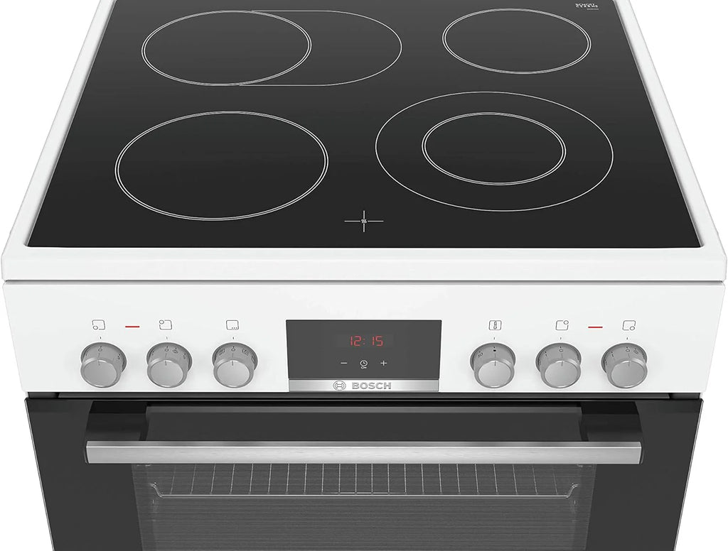 Bosch HKR39C250 Serie 4 Cucina Elettrica Indipendente, 60 cm di larghezza, Pulizia EcoClean Direct, Cottura a Ventilazione 3D su 3 livelli, Controllo con Display LED, Zona di cottura espandibile per pentole grandi