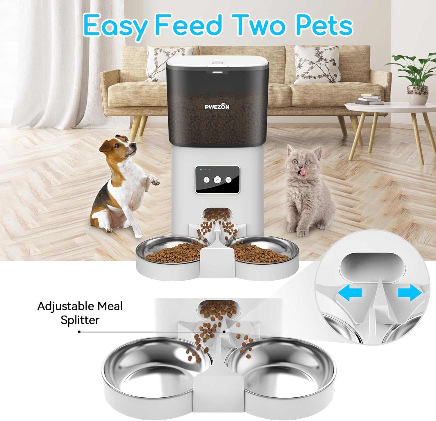 PWEZON Intelligenter WiFi Doppel-Futterautomat für Zwei Katzen, automatischer Katzen Futterautomat mit 2 Edelstahlnäpfen, 6L Trockenfutterspender mit App-Steuerung und Timer für Katze und Hund