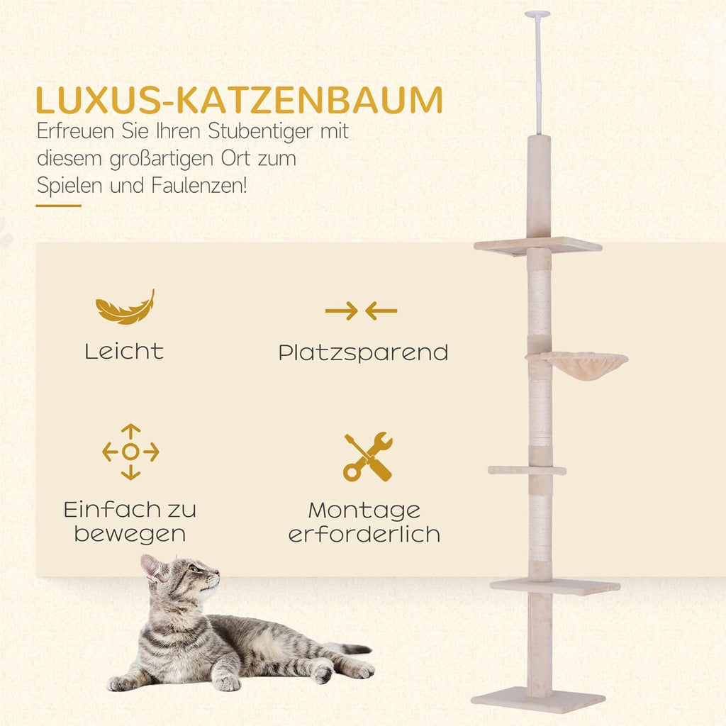PawHut Katzenbaum mit Laufrad 4-Stock Kratzbaum Katzenhaus mit Sisalsäulen Katzenhöhle Kiefernholz Natur 80 x 50 x 143 cm