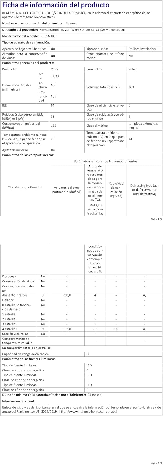 SIEMENS KG39EAICA iQ500 Frigorifero con congelatore, 201 x 60 cm, 249 L frigorifero + 94 L congelatore, LowFrost sbrinamento meno frequente, illuminazione a LED uniforme, BigBox spazio per alimenti congelati di grandi dimensioni