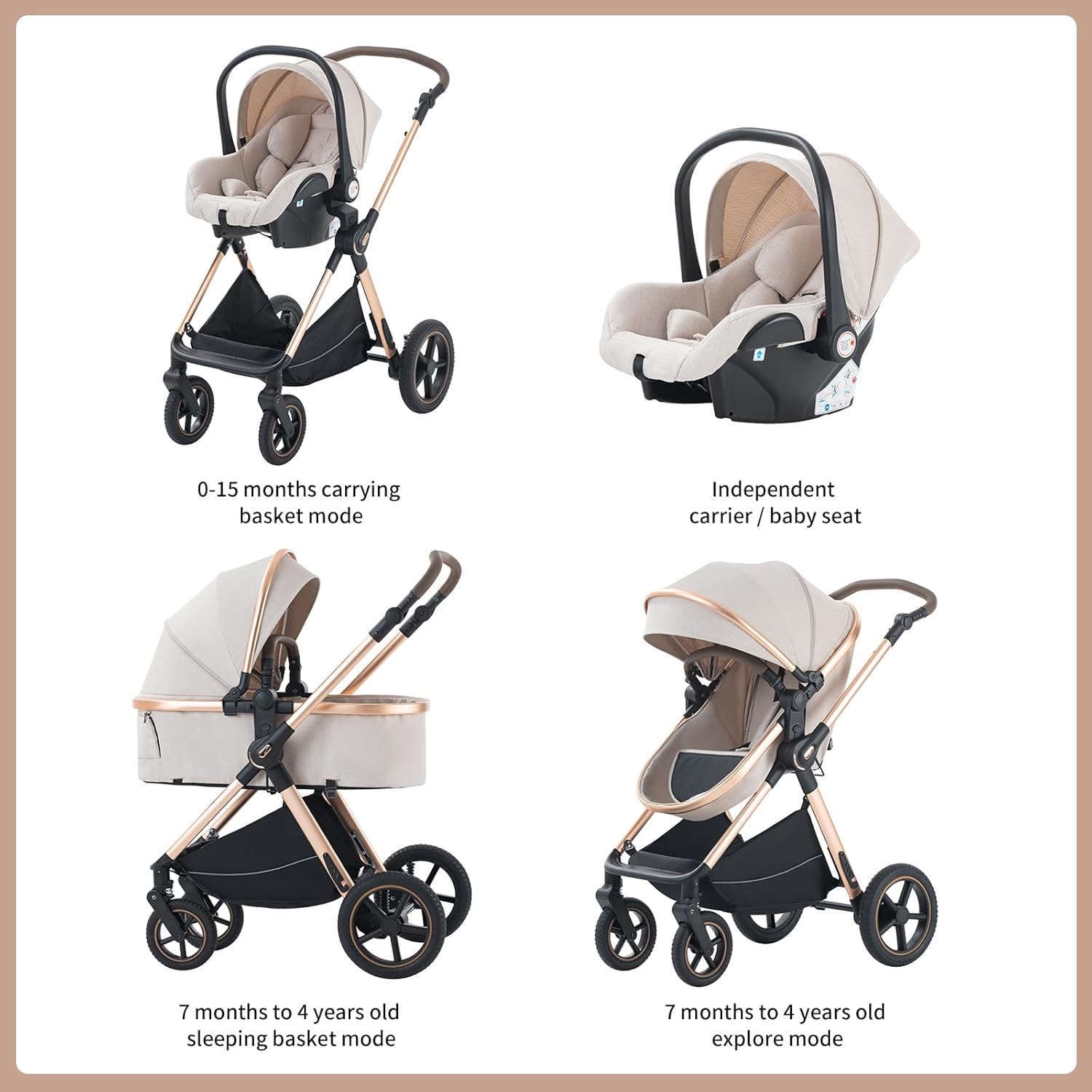 Shineey kinderwagen 3 in 1 Buggy Babybett Komplett Set Einem Klick Zusammenklappbarer Kinderwagen, 3 in 1 KombiKinderwagen Aluminiumrahmen für Neugeborene