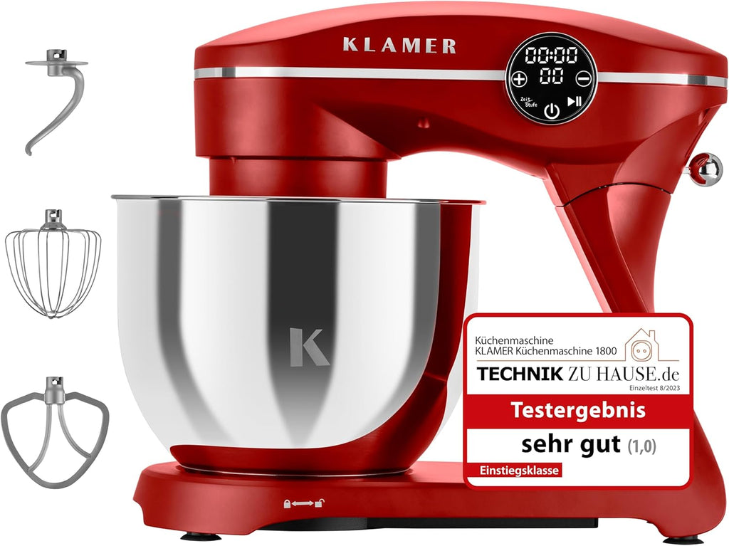 KLAMER Robot da Cucina 1800W, Impastatrice per Pane con Ciotola in Acciaio Inox da 6 L, 10 Velocità con Timer, Movimento Planetario, Frusta a Filo, Gancio Impastatore, Frusta Piatta e Coperchio Paraspruzzi (nero)