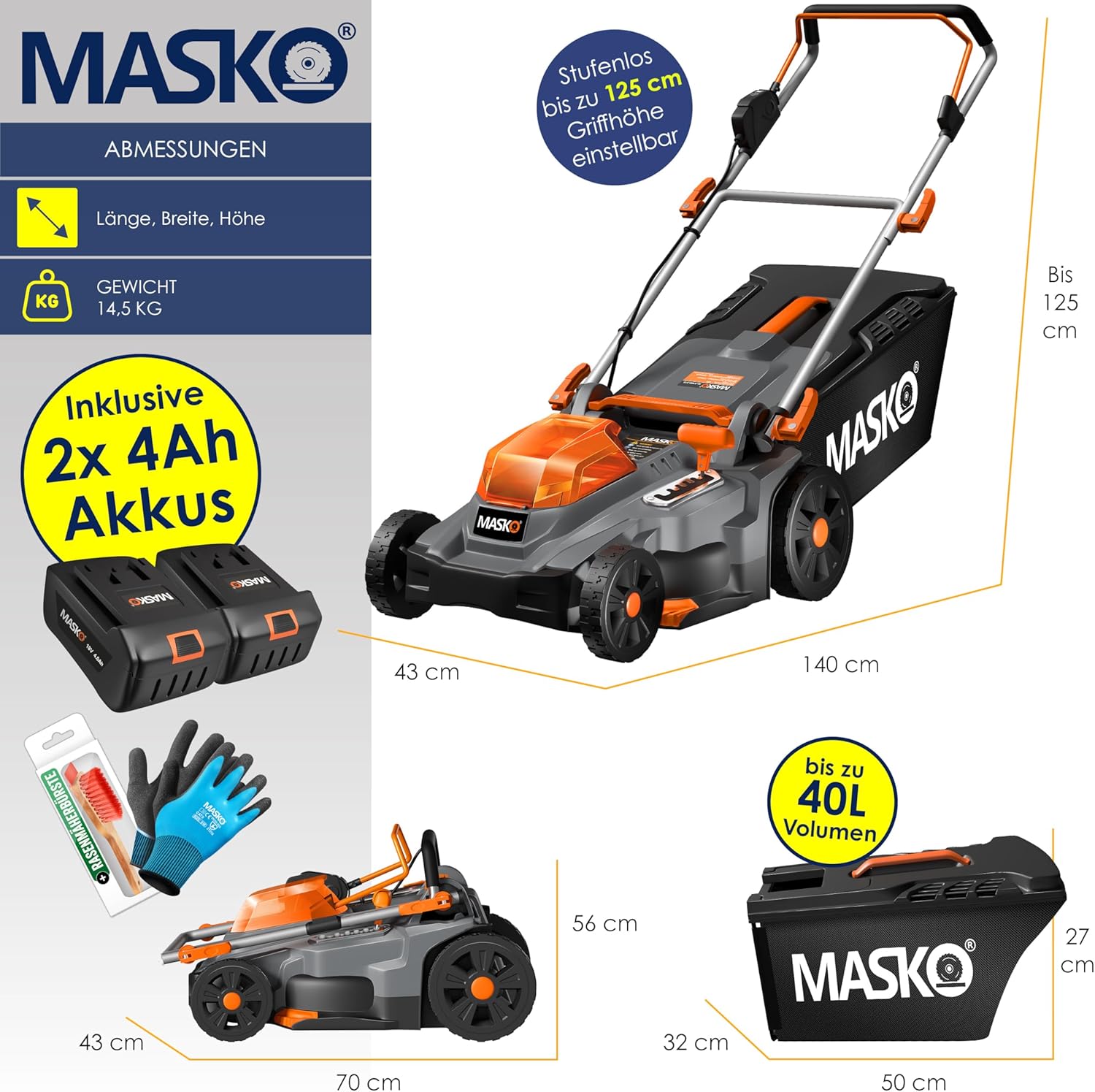 MASKO® Akku Rasenmäher mit Mulchfunktion inkl. 2X Akkus Li-Ion Batterie 4Ah & Doppel-Ladegerät – Rasentrimmer Schnittbreite 37cm, 6-fache 25-75mm Schnitthöhenverstellung Fangkorb 40L bis 600m² Flächen