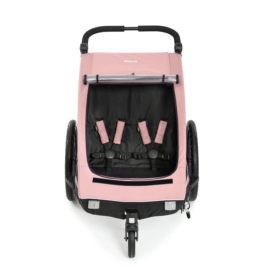 hauck Rimorchio Bici & Passeggino Dryk Duo Plus con Sospensioni, per 2 Bambini (6-48 mesi), incl. Timone, Ruota da Passeggino, Bandierina e Luce LED, Pieghevole, Regolabile in Altezza, Baule XL (Verde Scuro)