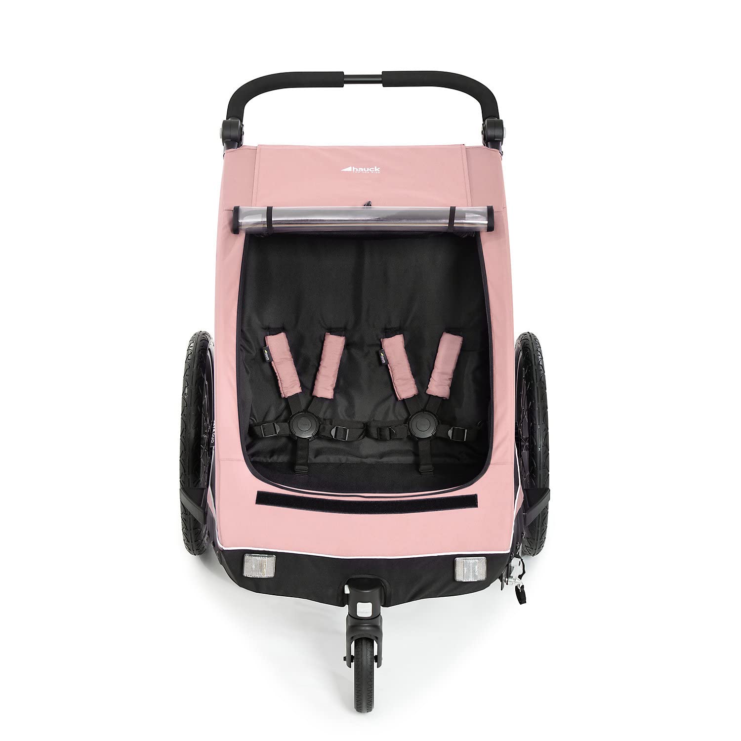 hauck Rimorchio Bici & Passeggino Dryk Duo Plus con Sospensioni, per 2 Bambini (6-48 mesi), incl. Timone, Ruota da Passeggino, Bandierina e Luce LED, Pieghevole, Regolabile in Altezza, Baule XL (Verde Scuro)