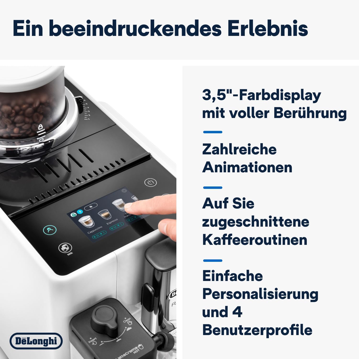 De'Longhi Rivelia EXAM440.55.W Macchina da Caffè Automatica con Sistema LatteCrema, Contenitore chicchi intercambiabile, 16 bevande caffè e latte con un solo tocco, Funzione Extra Shot, Display Touch da 3,5 pollici, Bianco