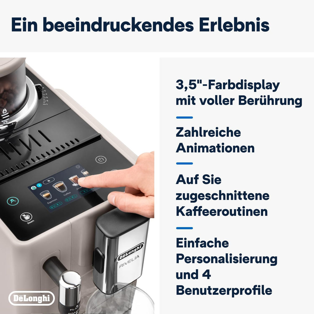 De'Longhi Rivelia EXAM440.55.W Macchina da Caffè Automatica con Sistema LatteCrema, Contenitore chicchi intercambiabile, 16 bevande caffè e latte con un solo tocco, Funzione Extra Shot, Display Touch da 3,5 pollici, Bianco