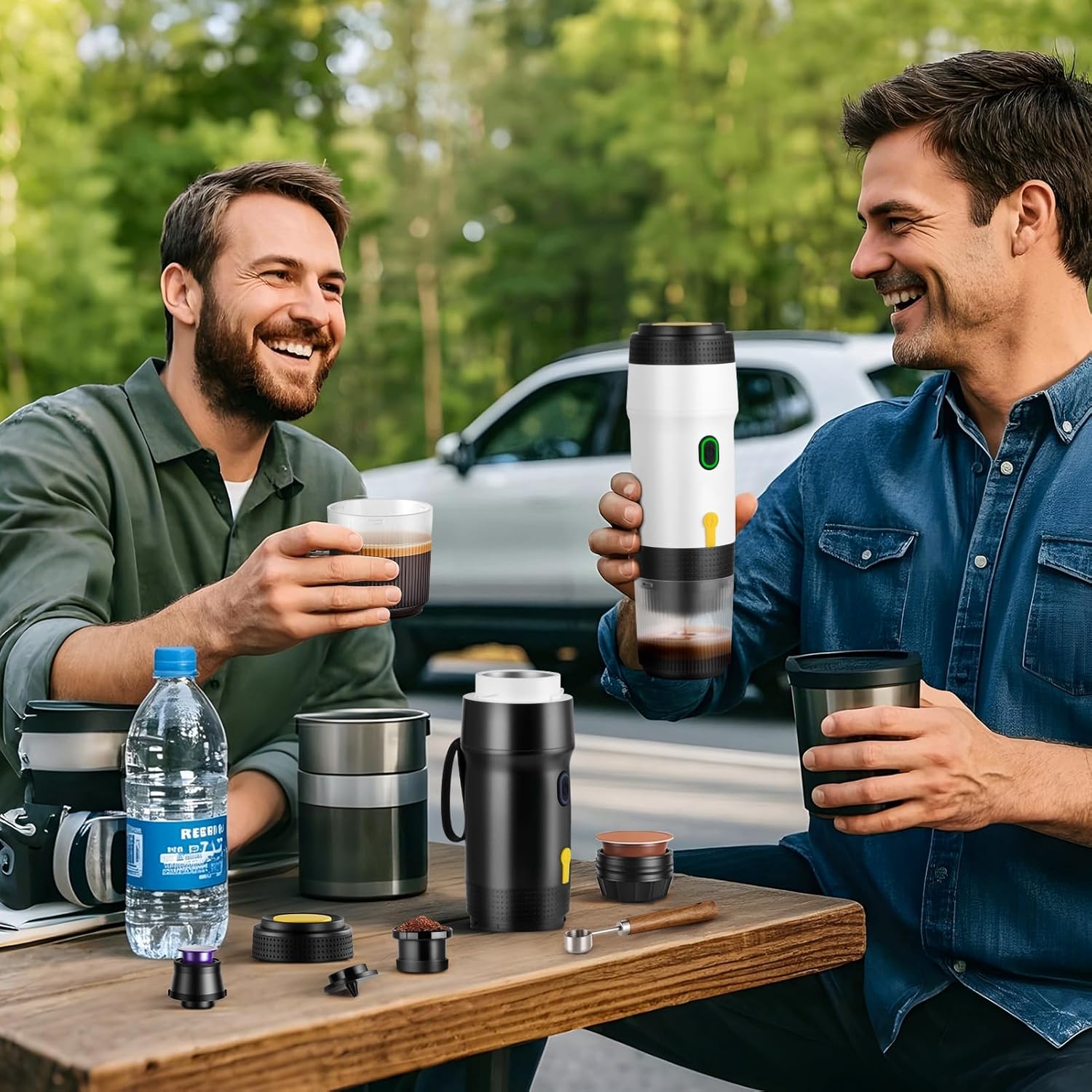ICARE Macchina da Caffè Espresso Portatile 3-in-1, Pressione 20BAR, Estrazione a Caldo 92°C, 7500mAh, Ricarica USB/Auto, Compatibile con Capsule e Polvere di Caffè, Bianco
