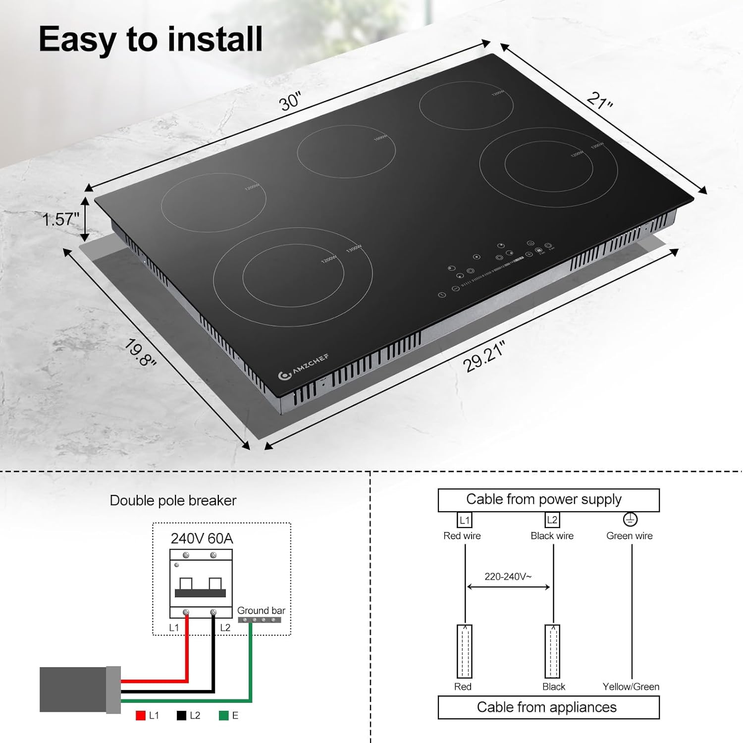 AMZCHEF Piano Cottura a Induzione 5 Zone, Incasso, con Funzione Booster e 9 Livelli, Funzione Pausa e Mantenimento in Caldo, Piano Cottura a Induzione con Controlli Slider, Timer Multifunzione, 7400W