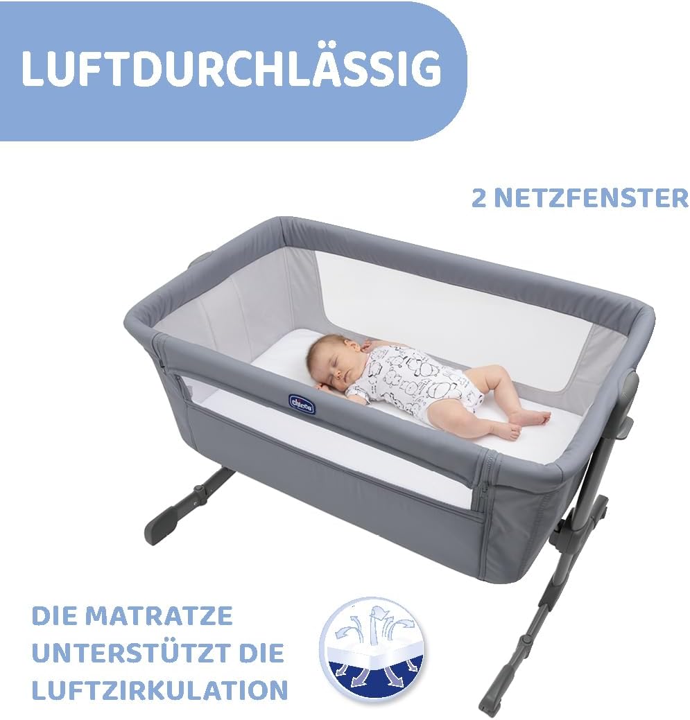 Chicco Next2Me Essential Lettino fianco letto per neonati, Sostenibile, Compatibile con diversi letti, Regolabile in altezza, Inclinabile, Buona circolazione dell'aria, Materasso e borsa inclusi, 0-6 mesi