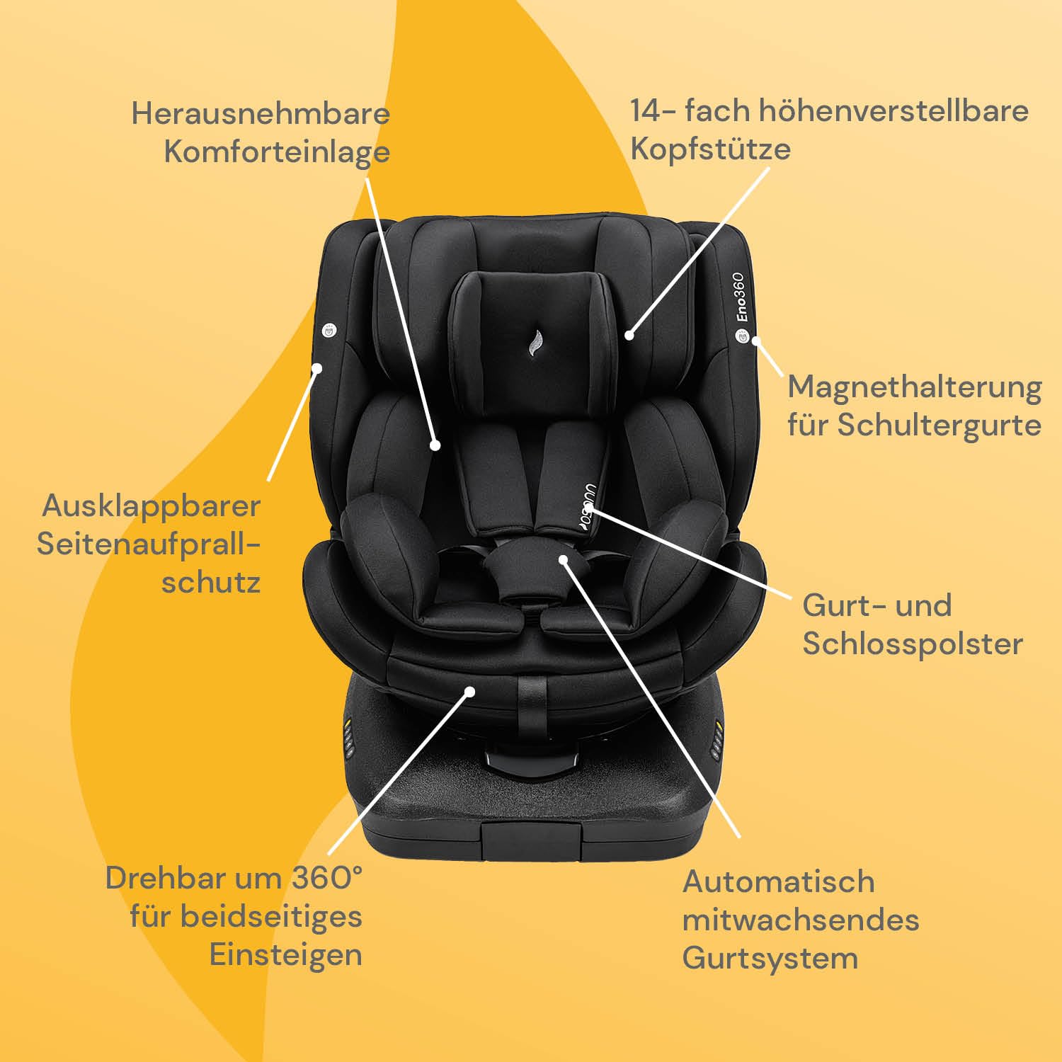 Osann Eno360 i-Size, seggiolino auto girevole 40-150 cm, reboarder con Isofix, seggiolino auto per bambini – All Black