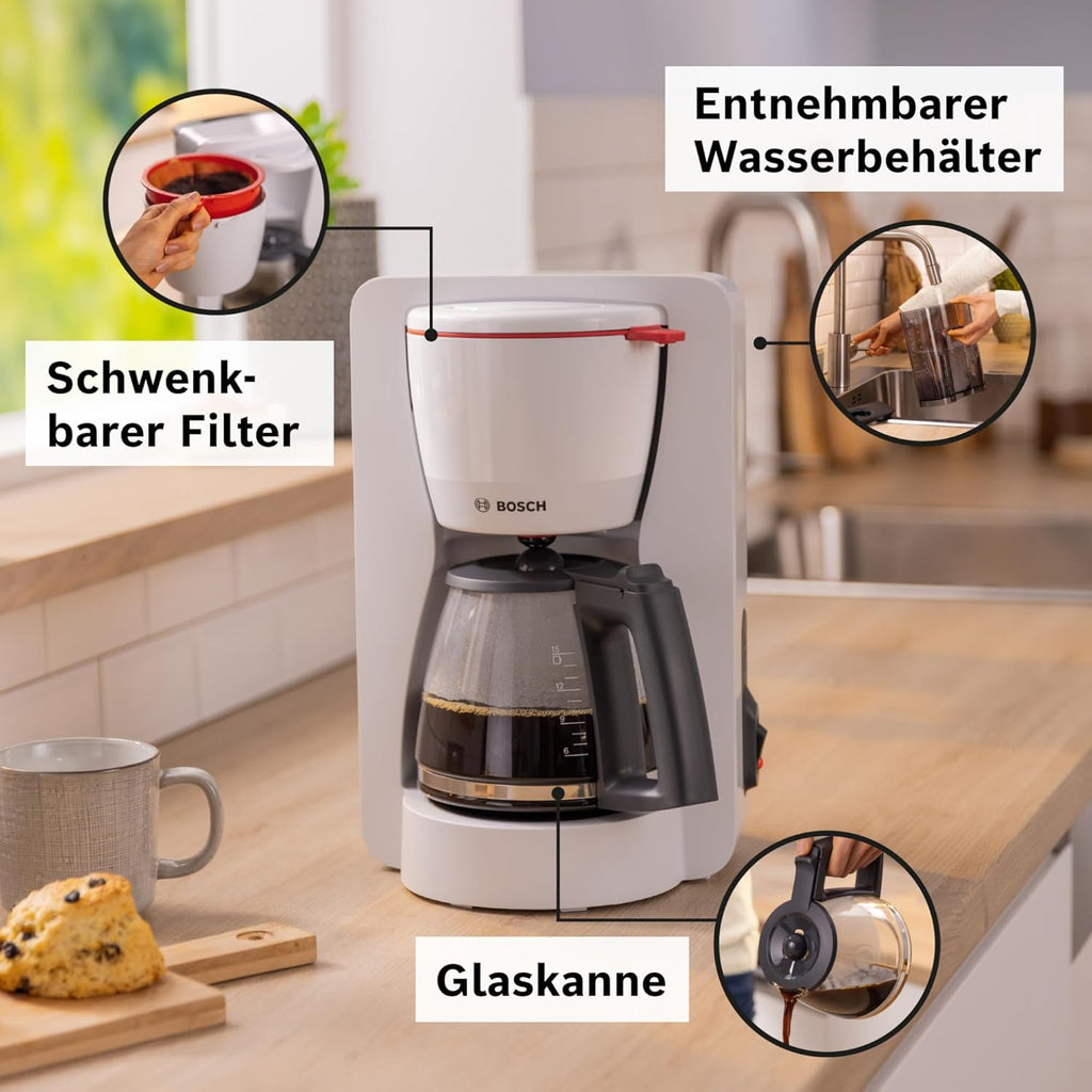 Bosch Filterkaffeemaschine MyMoment TKA3M134, Thermokanne 1 L, für 8-12 Tassen, Tropfstopp, schwenkbarer Filtertrger, Entkalkungsprogramm, abnehmbarer Wassertank, 1200 Watt, Schwarz matt