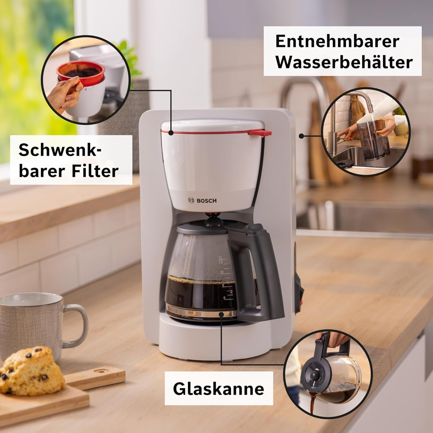 Bosch Filterkaffeemaschine MyMoment TKA3M134, Thermokanne 1 L, für 8-12 Tassen, Tropfstopp, schwenkbarer Filtertrger, Entkalkungsprogramm, abnehmbarer Wassertank, 1200 Watt, Schwarz matt