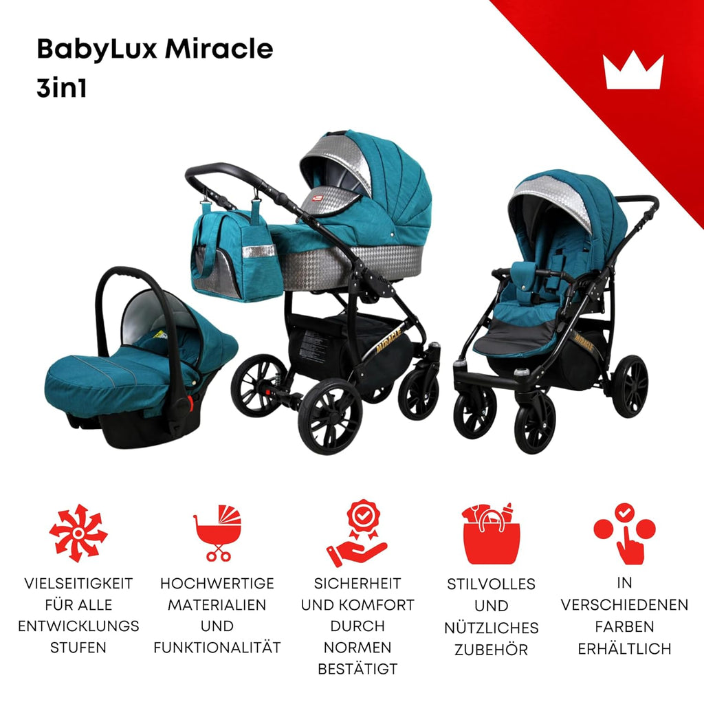 BabyLux® Bambimo Set Passeggino 3 in 1 - Optimal - incl. Navicella, Seduta Passeggino, Seggiolino Auto Ovetto - Seggiolino Auto - Set Passeggino - Passeggino Combinato con Borsa Fasciatoio, Parapioggia ecc.