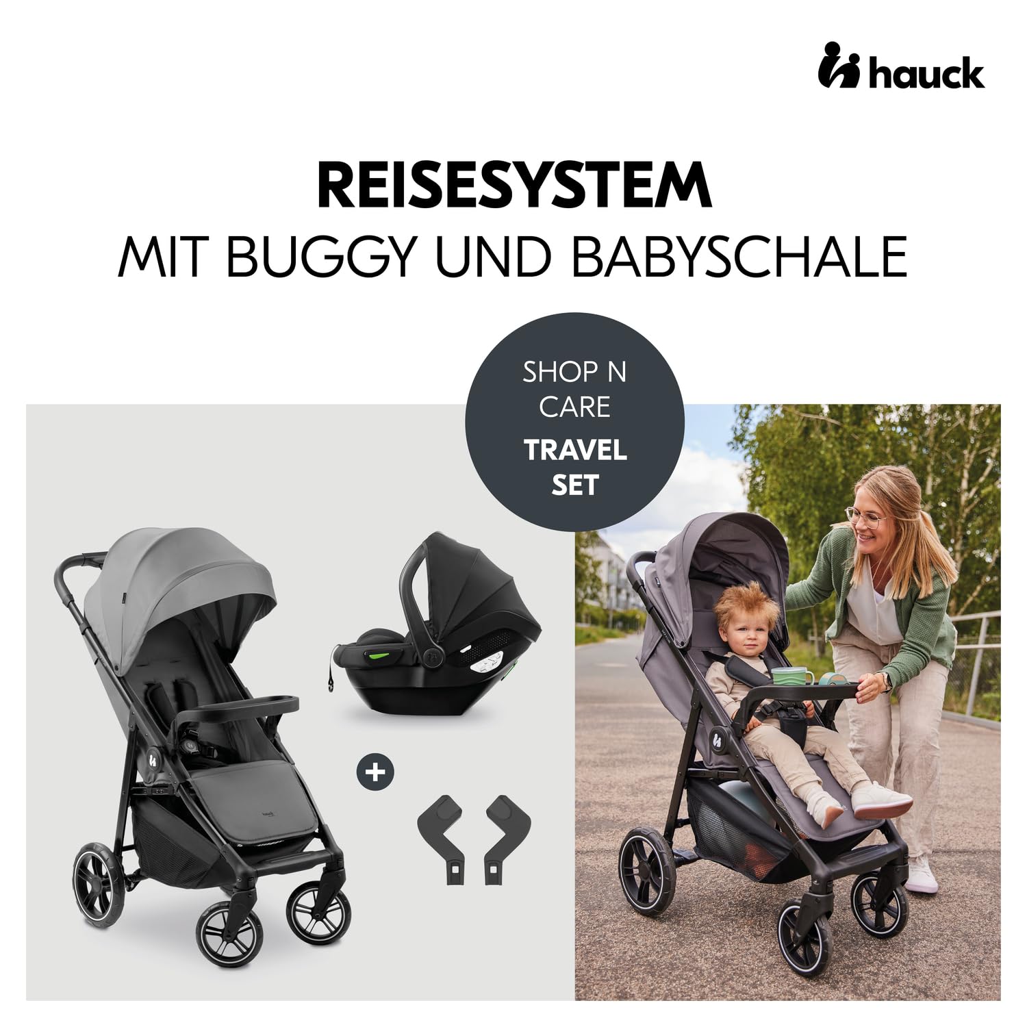 hauck Set Trio 3in1 Shop N Care con Passeggino, Navicella, Seggiolino Auto dalla nascita fino a 22 kg, Chiusura Compatta, Reclinabile, Portabicchieri & Vassoio, Protezione UV 50+ (Grey)