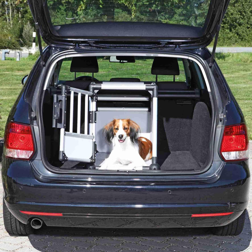 TRIXIE Hunde-Transportbox Aluminium in silber – M: 55 × 62 × 73 cm, stabile und geräuscharme Hundebox mit abgeschrägten Seiten, Sicherheitsverschluss & rutschfester Liegematte – 39342