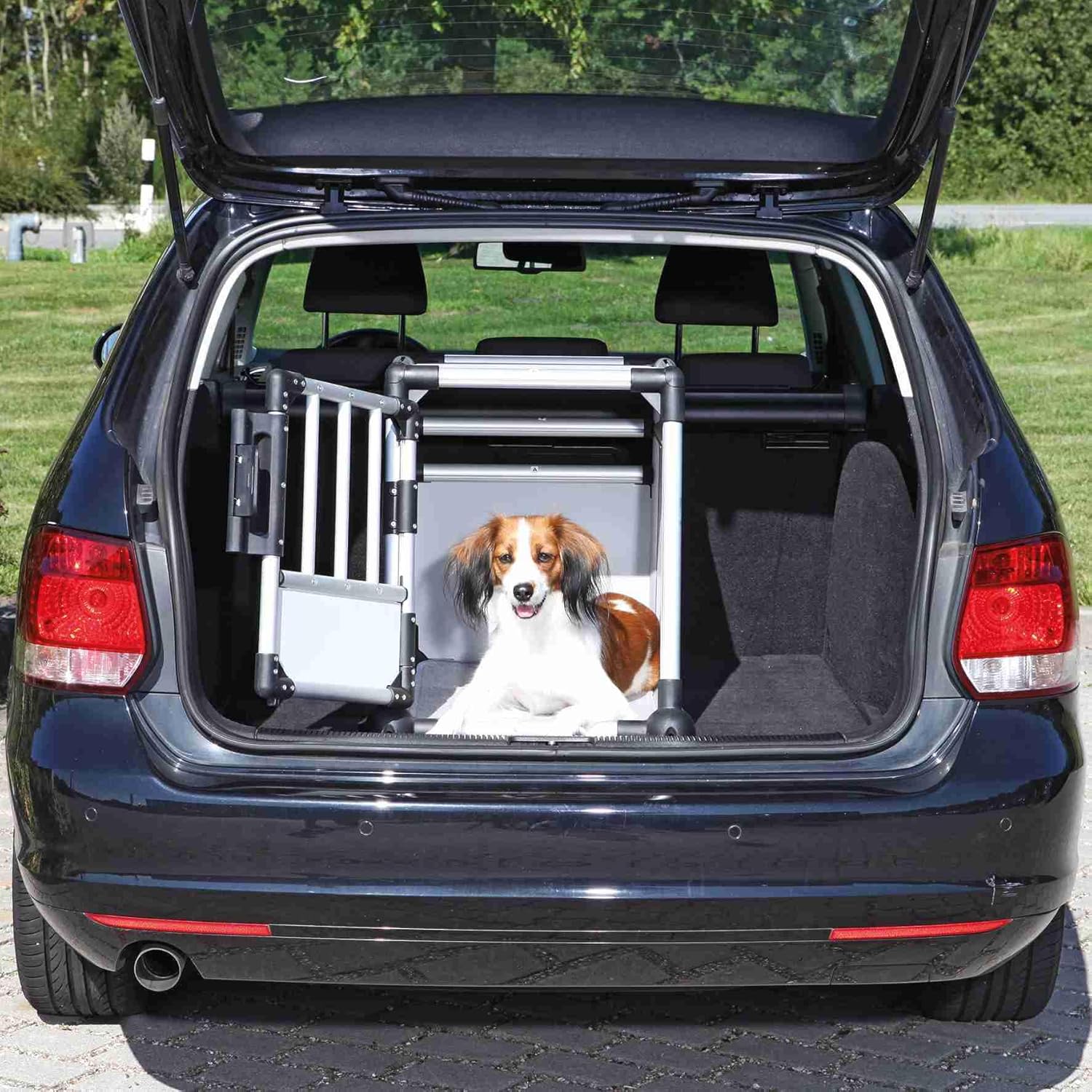 TRIXIE Hunde-Transportbox Aluminium in silber – M: 55 × 62 × 73 cm, stabile und geräuscharme Hundebox mit abgeschrägten Seiten, Sicherheitsverschluss & rutschfester Liegematte – 39342