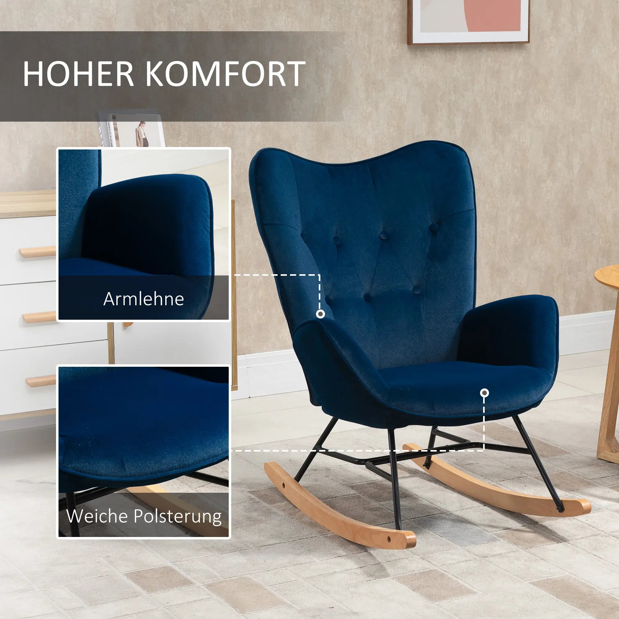 HOMCOM Sedia a Dondolo Scandinava Schienale Alto Effetto Velluto Blu