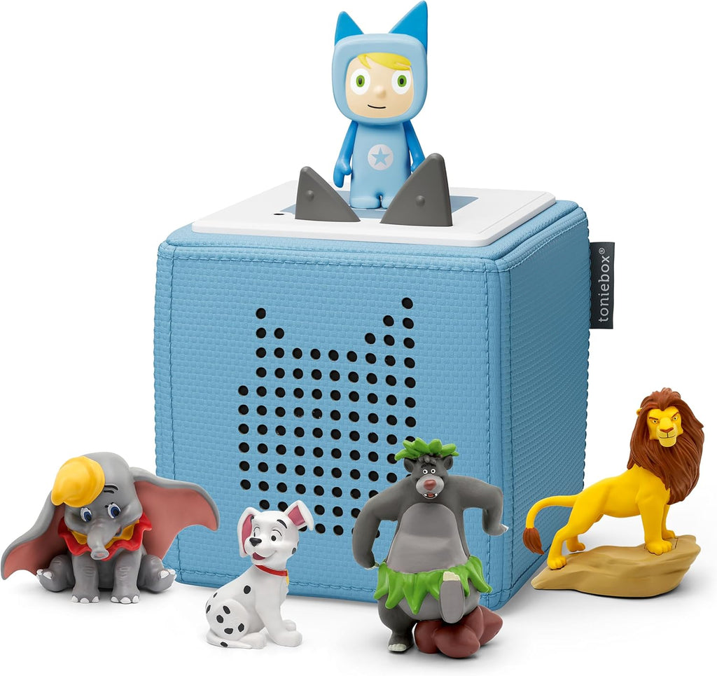 Toniebox Extrapack – Toniebox Starterset Blu con Tonie creativo + 4 statuette sonore Disney Eroi Animali, Audioplayer per audiolibri e canzoni, Musicbox wireless con audiolibro Disney