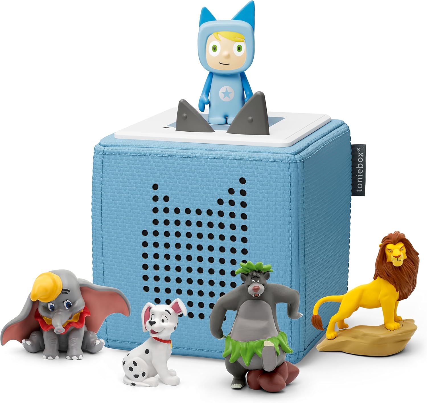 Toniebox Extrapack – Toniebox Starterset Blu con Tonie creativo + 4 statuette sonore Disney Eroi Animali, Audioplayer per audiolibri e canzoni, Musicbox wireless con audiolibro Disney