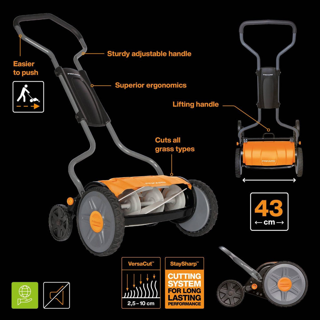 Fiskars Spindelmher, Rasenmher mit berührungslosem Schneidesystem, Schnittbreite: 43 cm, StaySharp Plus, Schwarz/Orange/Silber, 1015649