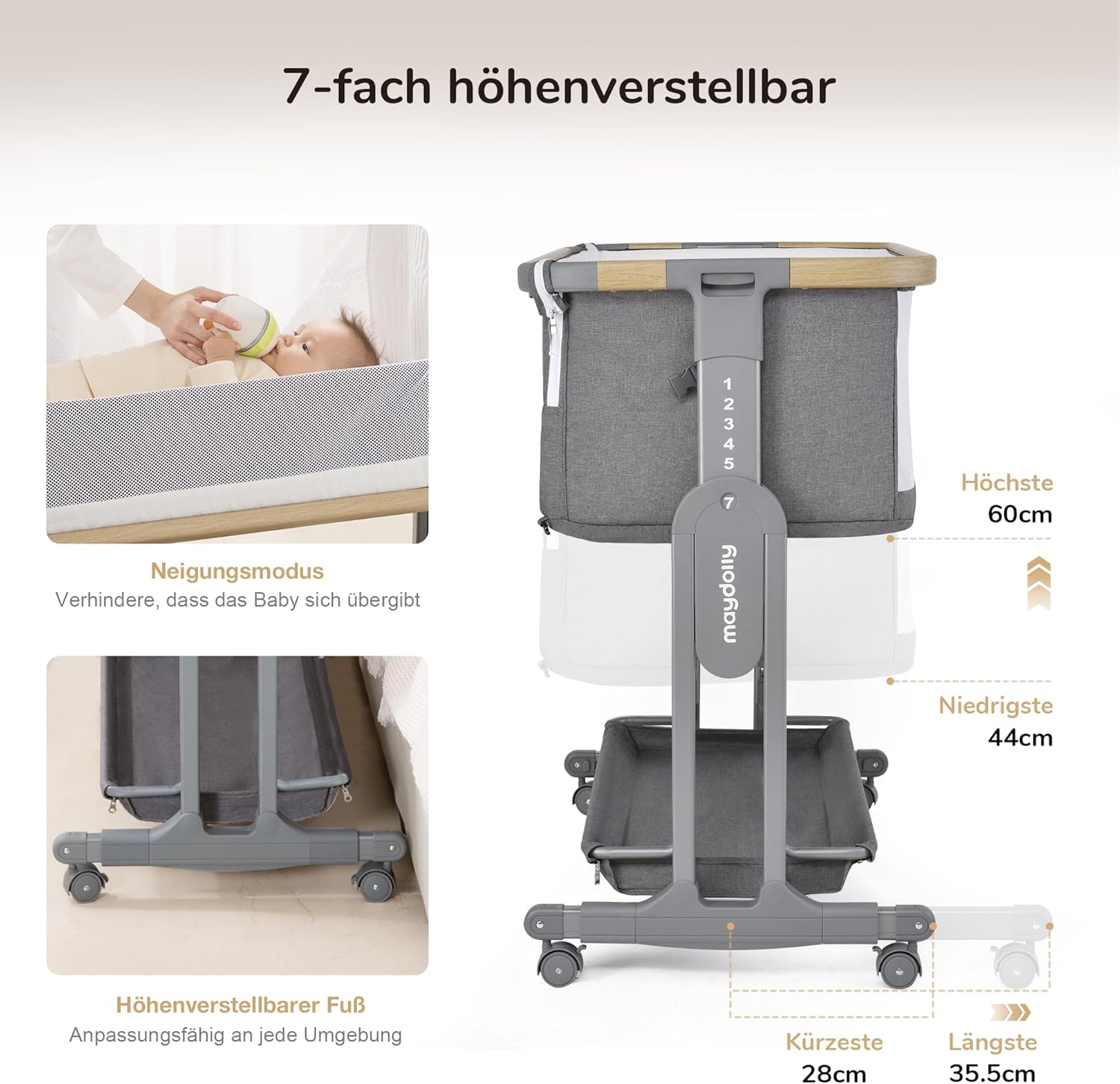 Maydolly Baby Beistellbett,3 in 1 Babybett mit Aufbewahrungskorb, Tragbare Krippe mit Rädern, Höhenverstellbar, Krippe mit Moskitonetz und Matratze für Säuglinge/Neugeborene,Grau