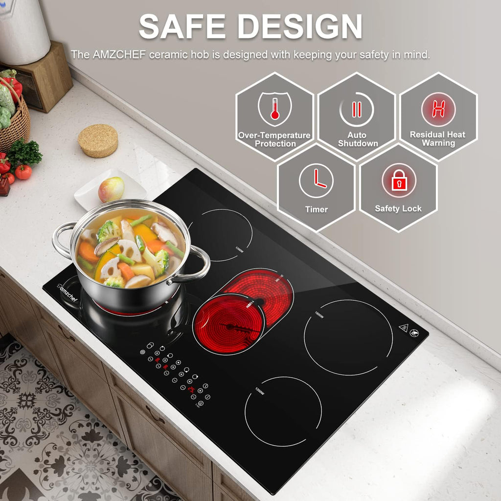 AMZCHEF Induktionskochfeld 60cm mit Zwei Flexzonen, 4 Zonen Induktionskochplatte mit Boost-Funktion und 9 Leistungsstufen, Touch-Bedienung, Timer, Sicherheitsschloss, Überhitzungsschutz, BBQ, 7200W