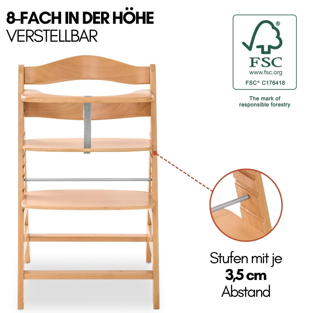 hauck Alpha Plus Newborn Set mit Premium Bouncer Dark Grey - Baby Holz Hochstuhl ab Geburt mit Liegefunktion - extra flacher Aufsatz für Neugeborene & Baumwoll Sitzpolster - Grau