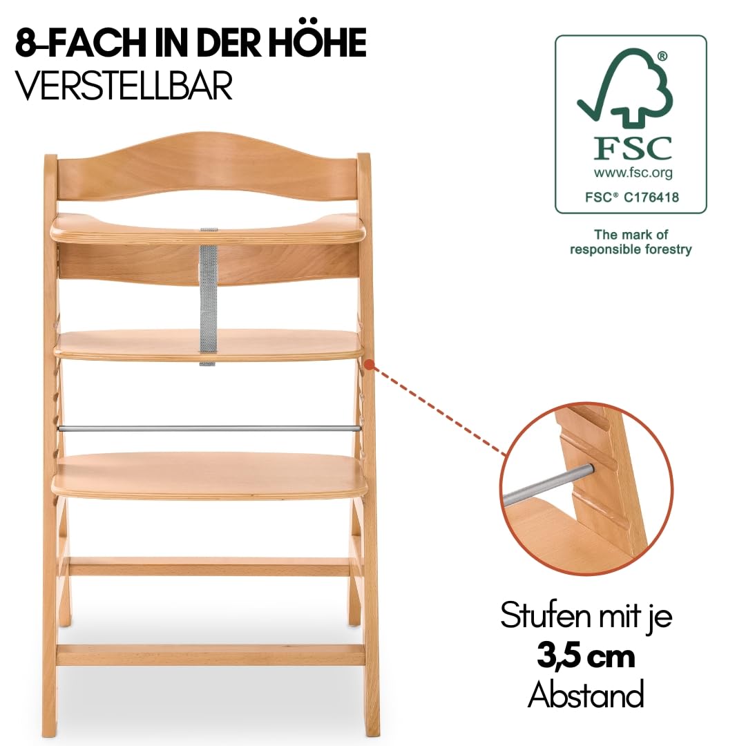 hauck Alpha Plus Newborn Set mit Premium Bouncer Dark Grey - Baby Holz Hochstuhl ab Geburt mit Liegefunktion - extra flacher Aufsatz für Neugeborene & Baumwoll Sitzpolster - Grau