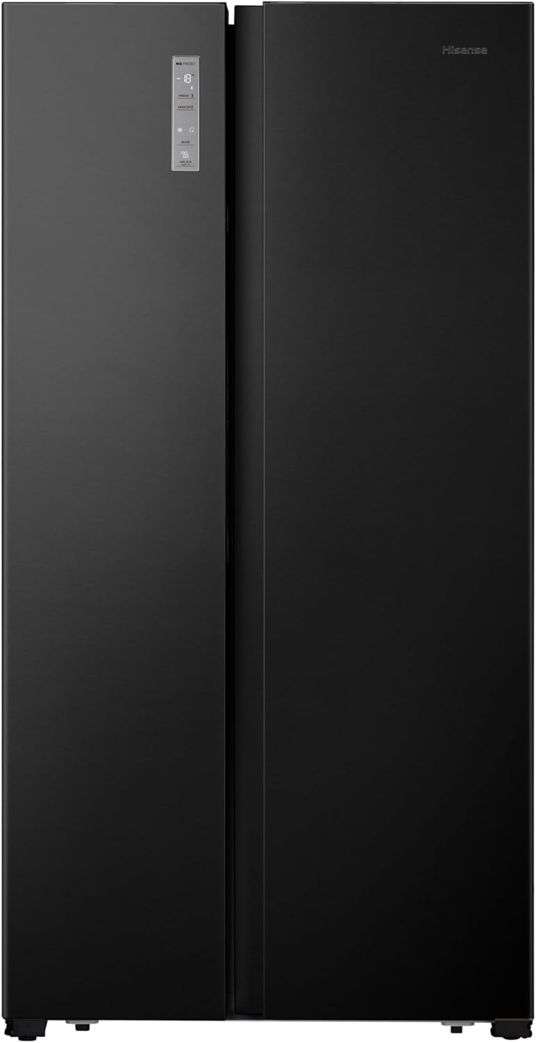 Hisense RS677N4BFD Frigorifero Americano Side by Side / Compressore Inverter / Porta Bottiglie / 2 FreshZone / Vano Verdure / Capacità Frigo 334 L / Capacità Congelatore 185 L / 41 dB / 247 kWh all'anno, Nero