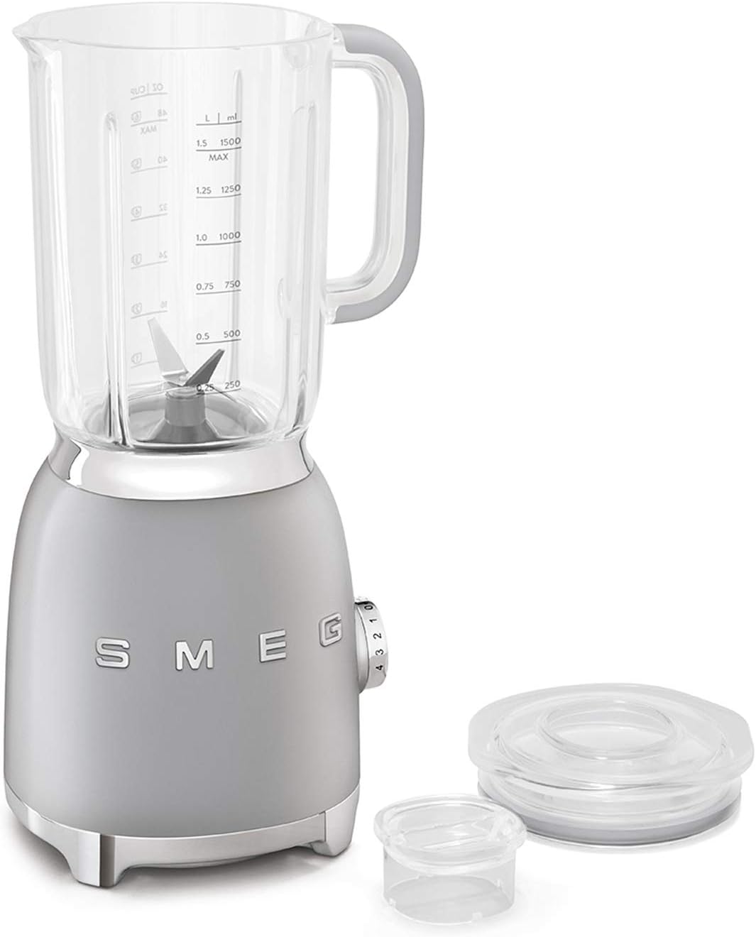 SMEG, BLF01SVEU Frullatore da 1,5 l, 4 velocità, 3 programmi automatici, Doppia lama rimovibile, Coperchio trasparente con tappo dosatore, Antiscivolo, 800W, Argento