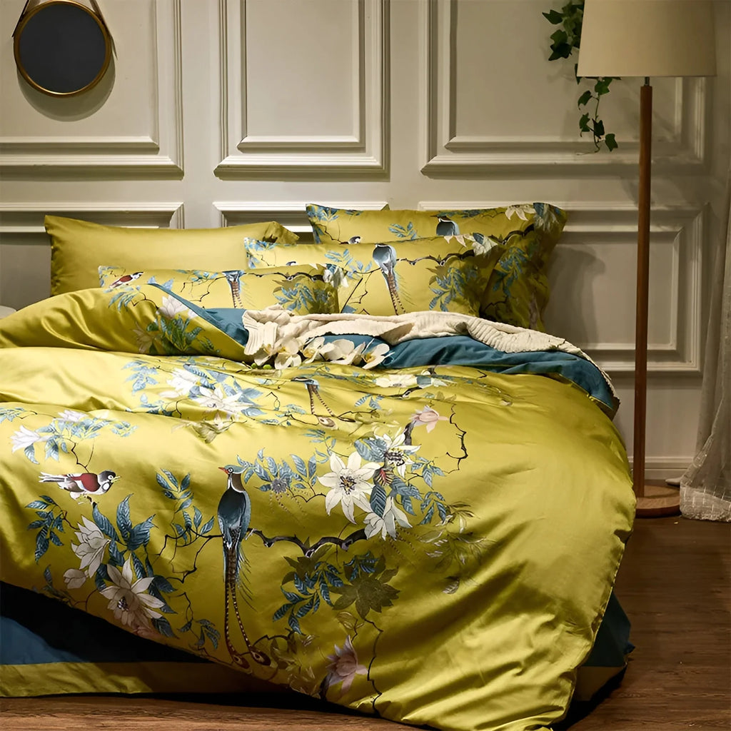 Piumone YellowSilk - Elegante set di biancheria da letto floreale con motivi di uccelli e piante