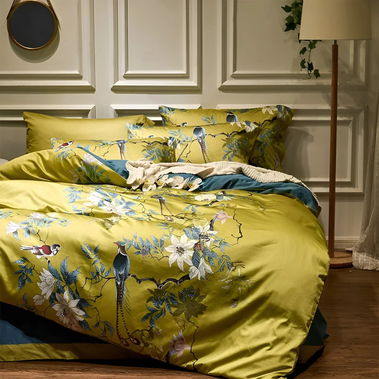 Piumone YellowSilk - Elegante set di biancheria da letto floreale con motivi di uccelli e piante