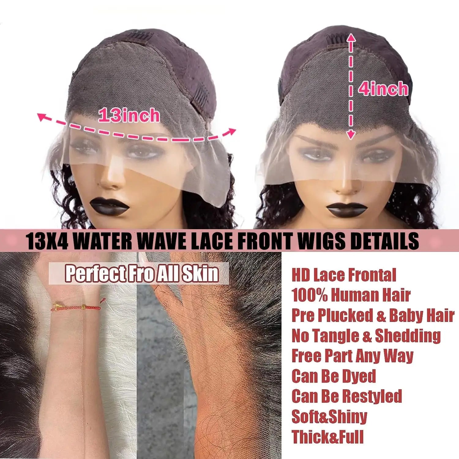 Glamourse Wasserwellen 13x4 HD-Spitzenperücken Echthaar 180% Dichte - Schwarz #1B