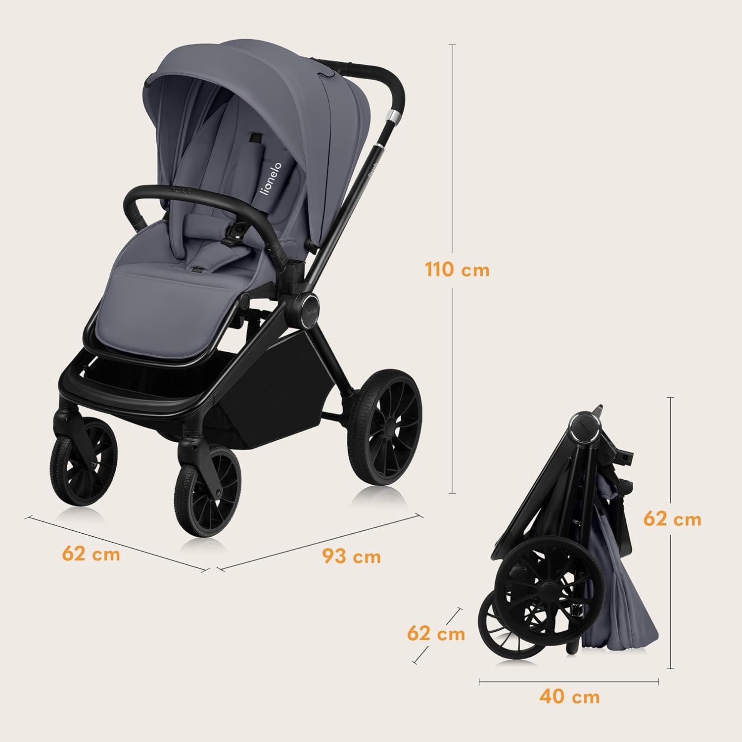 Passeggino LIONELO MIKA PLUS 3-in-1, da 0 a 48 mesi, fino a 22 kg, navicella fino a 9 kg, seggiolino auto fino a 13 kg, schienale regolabile, ammortizzazione, ruote a 360°, cappottina XXL