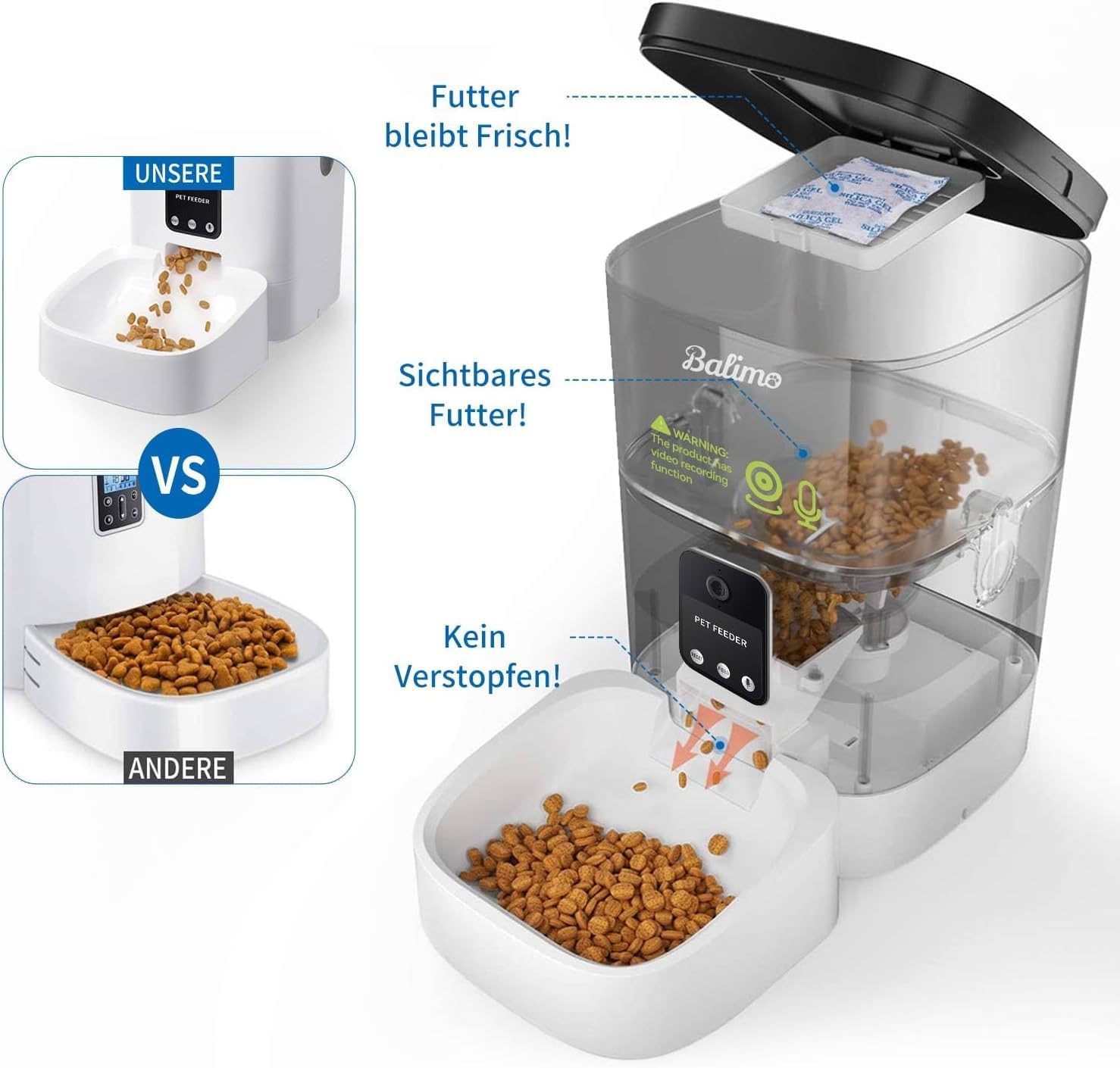 Balimo Futterautomat Katze mit HD 1080P Video, 2,4 G WLAN Katzenfutter Automat mit APP Steuerung und Nachtsicht, 4L futterspender Katze, Katzen Futterautomaten mit Edelstahlnapf, 8 Mahlzeiten pro Tag