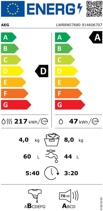 AEG L7WBA60680 Lavasciuga / DualSense - cura delicata / 8 kg lavaggio / 5 kg asciugatura / D / a risparmio energetico / ProSense - regolazione automatica del carico / Funzione aggiungi indumento / ProSteam - funzione vapore rinfrescante / 1600 giri/min