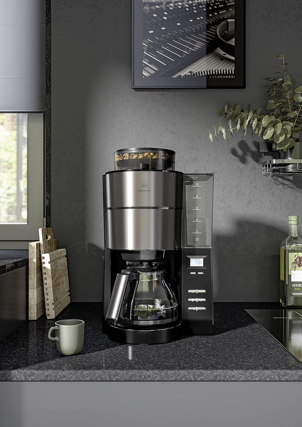 Melitta AromaFresh - Macchina da caffè con filtro - con caraffa in vetro - macinacaffè integrato - funzione timer - 10 tazze - Pure Black
