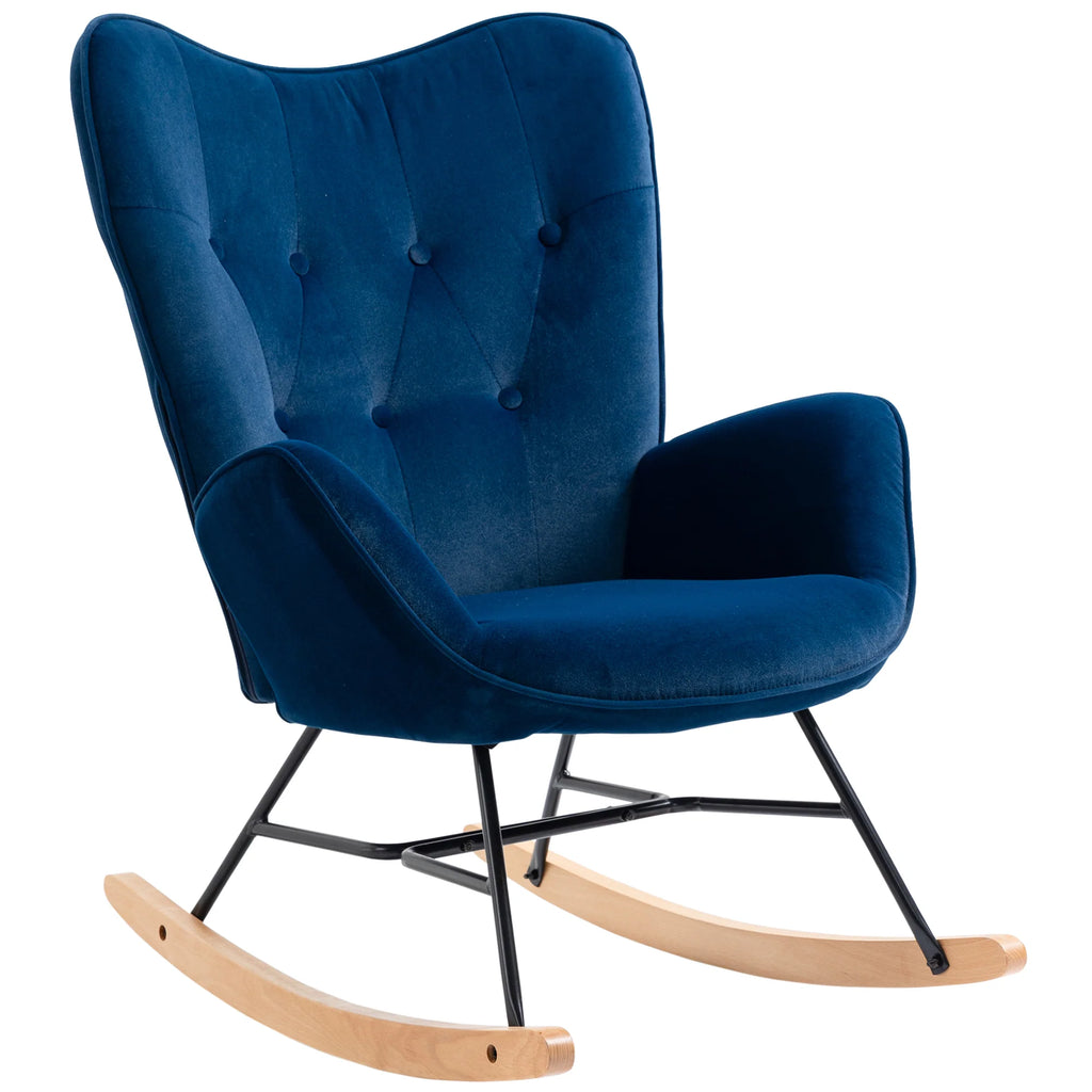 HOMCOM Sedia a Dondolo Scandinava Schienale Alto Effetto Velluto Blu