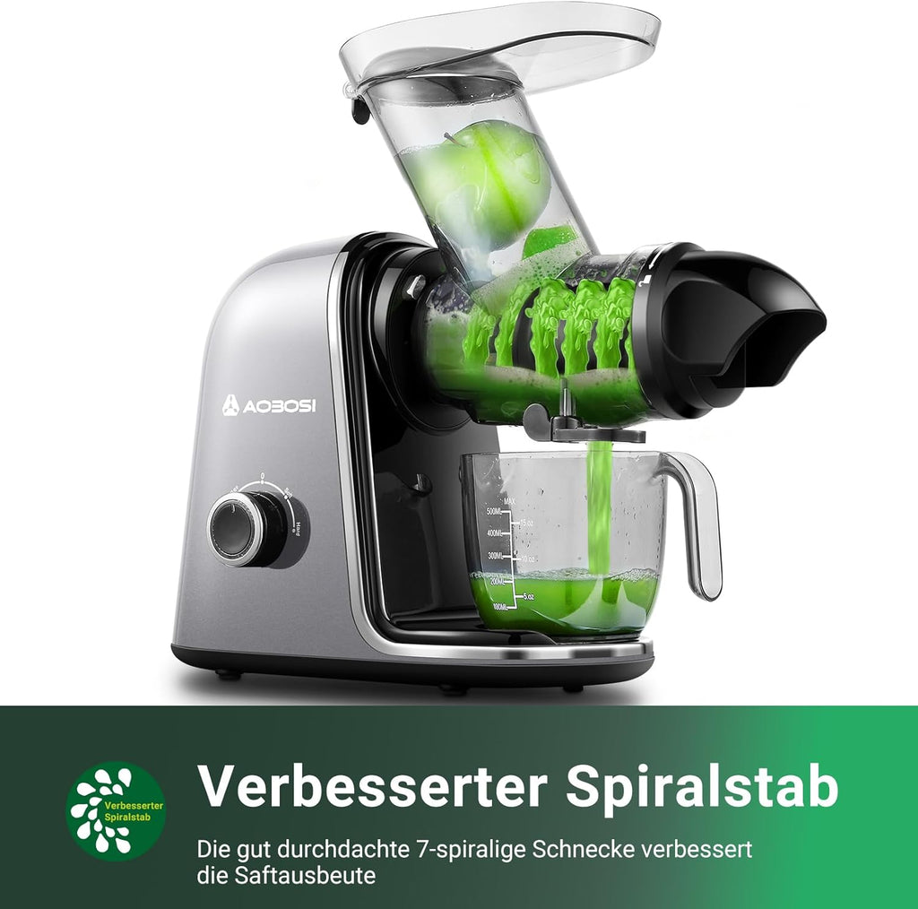 【Neues】Entsafter AOBOSI-Slow juicer mit 2 Geschwindigkeitsstufen-Entsafter gemüse und obst mit 8 stufiger Schnecke-Saftpresse mit Reinigungsbürste&2 Bechern-Obstpresse mit Reversierfunktion