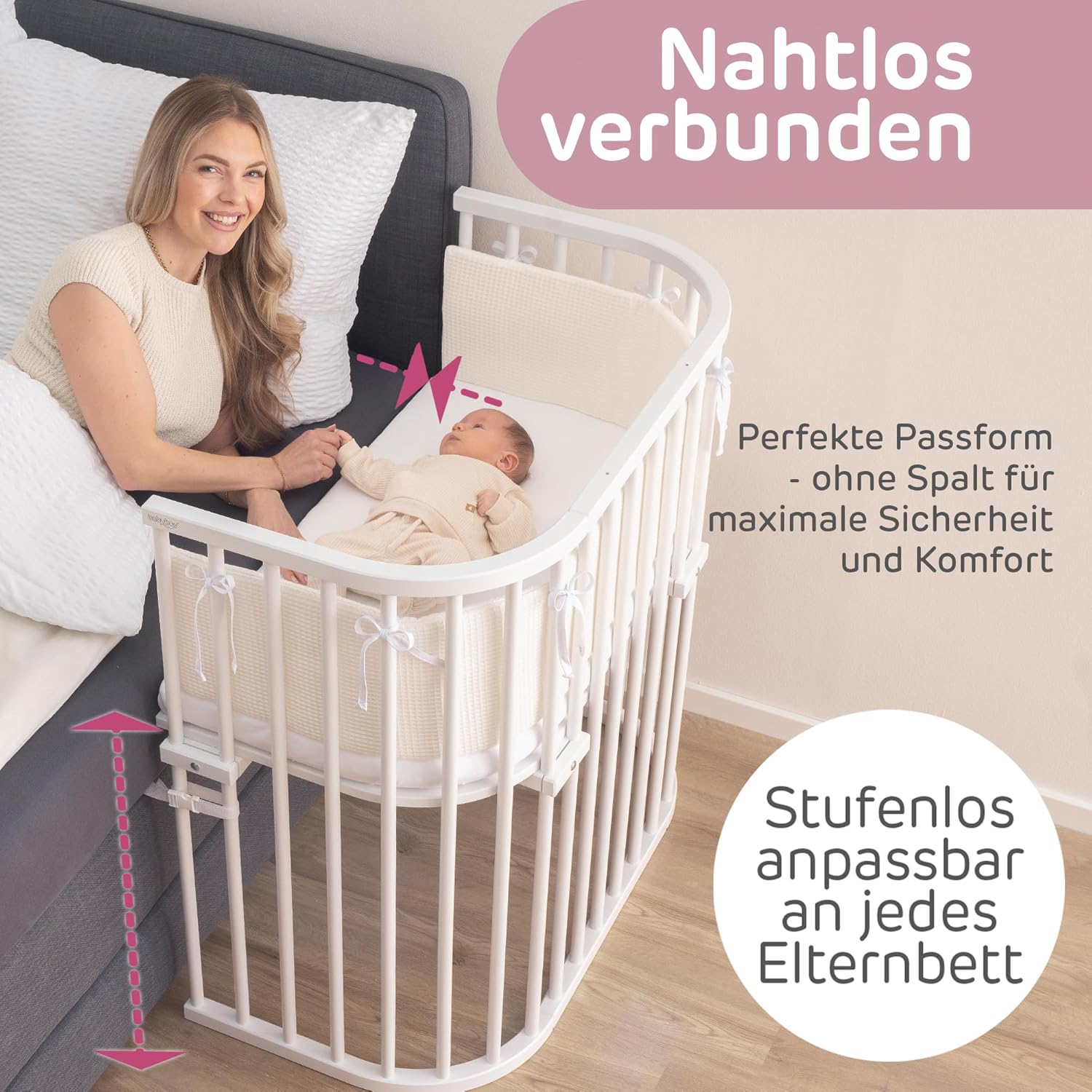 babybay Original Lettino da affiancare in massello di faggio / compatto e trasformabile / Lettino per bambini regolabile in altezza senza livelli preimpostati ed ecologico / Lettino evolutivo (laccato bianco) / inclusa Matratze